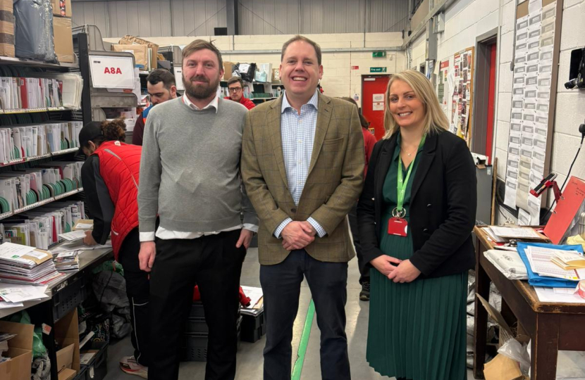 Charlie Dewhirst MP with Tom Burdett, Customer Operations Manager for Driffield Delivery Office, and Kate Colclough, Area Manager